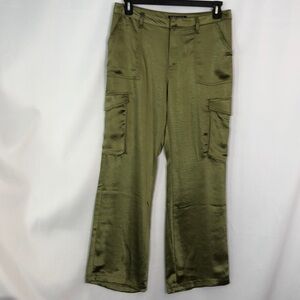 Hot Kiss Women's Olive Green Satin Cargo Trousers      Wide Leg Size 11